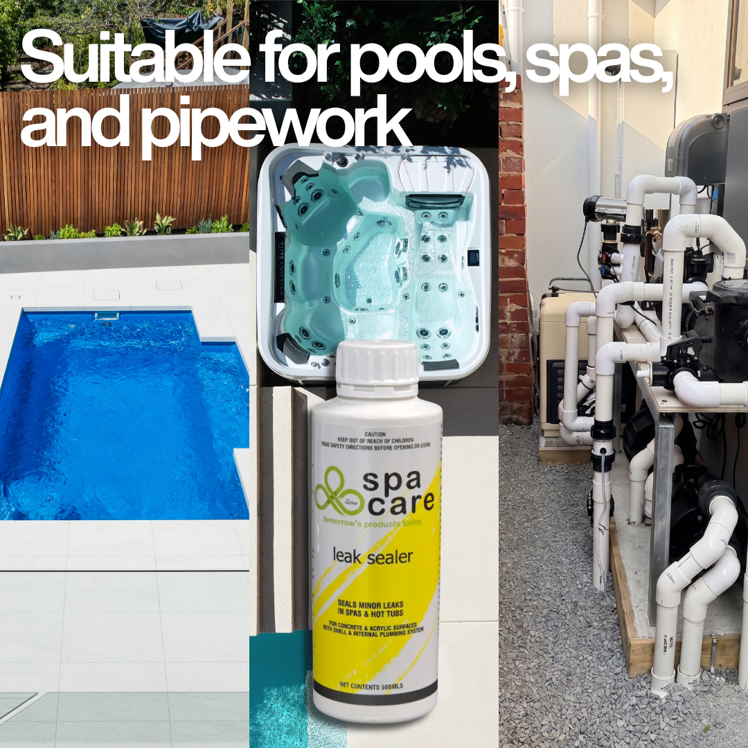 Spa Care Leak Sealer bottle shown alongside a swimming pool, a luxury hot tub, and complex PVC pool plumbing to demonstrate its use in sealing minor leaks in concrete, acrylic, and internal pipework systems.