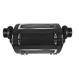  spa controller pack top view showing the sleek black curved casing with chrome latch clips and dual plumbing unions