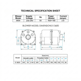 Technical data sheet and dimensional line drawings for the EdgeTec Enhance E-3600 heated spa bath air blower, showing electrical specs ($230-240, 400W+180W, 2.8A) and a millimeter sizing table for smooth and threaded outlets. 