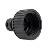 An angled view showing the inside of a black plastic spa drain tap connector focusing on the internal female threads and recessed rubber gasket seal