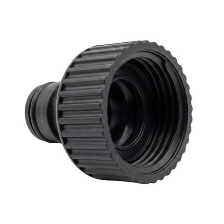 An angled view showing the inside of a black plastic spa drain tap connector focusing on the internal female threads and recessed rubber gasket seal