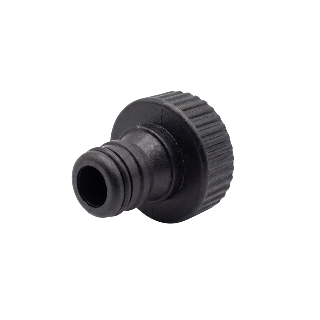 An angled view of a black plastic spa drain tap connector focusing on the male quick connect garden hose click fit nozzle with integrated rubber O rings