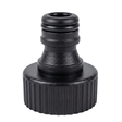 Black plastic spa drain tap connector adapter featuring a ridged female threaded collar and a quick connect garden hose fitting with a rubber O ring