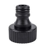 Black plastic spa drain tap connector adapter featuring a ridged female threaded collar and a quick connect garden hose fitting with a rubber O ring