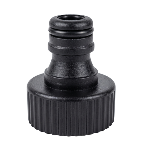 Black plastic spa drain tap connector adapter featuring a ridged female threaded collar and a quick connect garden hose fitting with a rubber O ring