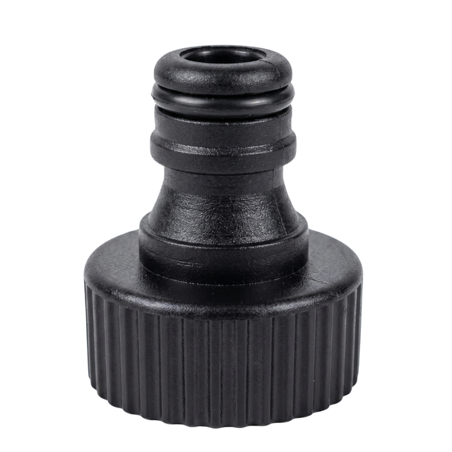 Black plastic spa drain tap connector adapter featuring a ridged female threaded collar and a quick connect garden hose fitting with a rubber O ring