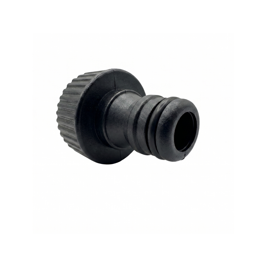 Side profile view of a black plastic spa drain tap connector showing the garden hose quick connect spigot and the ridged female threaded attachment collar