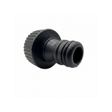 Side profile view of a black plastic spa drain tap connector showing the garden hose quick connect spigot and the ridged female threaded attachment collar