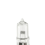 Extreme close-up view of the clear glass capsule and coiled wire filament on a Spa Electrics 12V replacement halogen globe for WN250 light fittings.