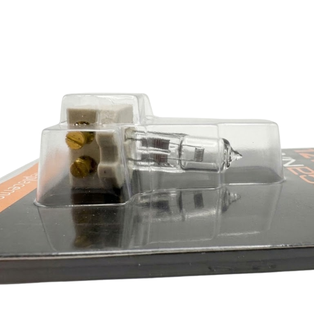 Side profile view of a Spa Electrics 12V halogen globe and ceramic connector enclosed in clear blister packaging, highlighting two brass screw connection terminals.