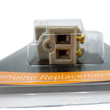 Close-up view through blister packaging of the ceramic socket base on a Spa Electrics 12V WN250 replacement globe, showing two copper contact ports and adjacent brass screws.