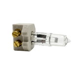 Horizontal side profile view of an unpackaged Spa Electrics 12V halogen globe connected to a ceramic base, showing two brass screw connection terminals and the exposed filament.