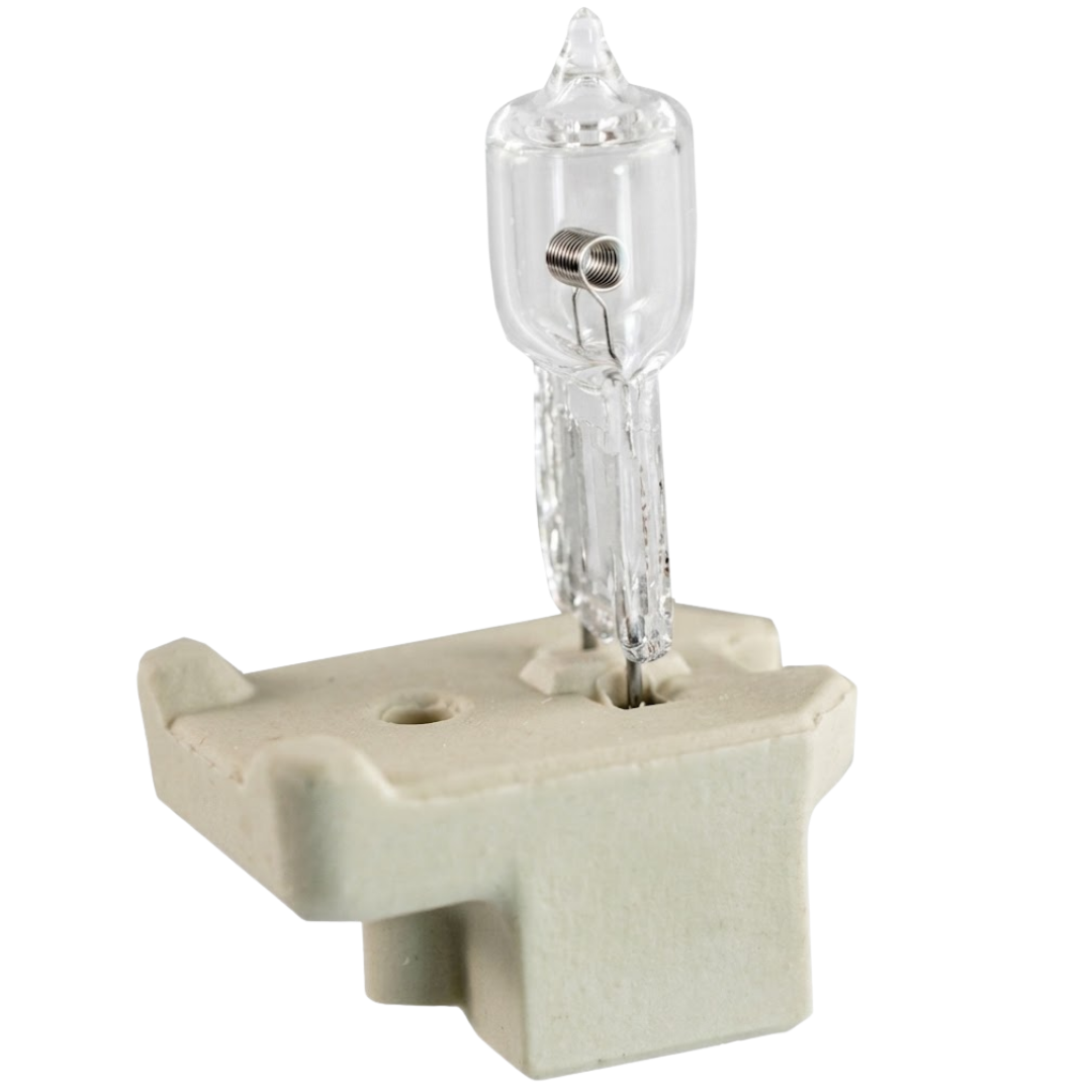 Close-up view of a Spa Electrics 12V halogen globe inserted into a ceramic connector block for WN250 swim spa light assemblies.