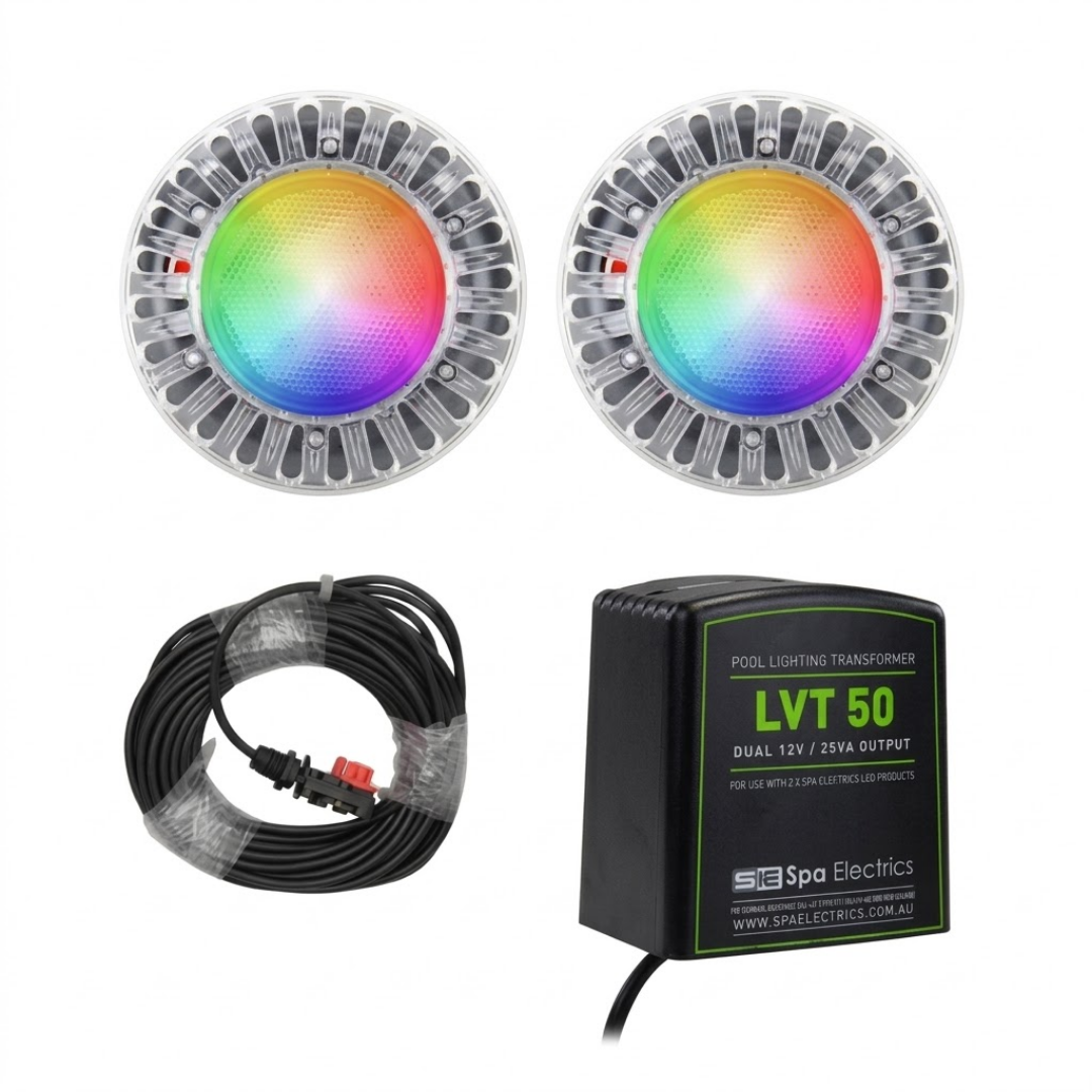 Complete kit view of two Spa Electrics EMF Multi Plus LED pool lights featuring rainbow illumination, a coiled black connection cable, and a black Spa Electrics LVT 50 dual 12V 25VA transformer.