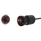 Horizontal exploded component view of a Spa Electrics EMF Multi Plus LED pool light, displaying the rear contact plate of the light unit alongside the detached quick-connect cable plug with red rubber O-ring seal isolated on white.