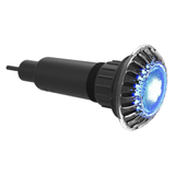 Extended angled side view of an illuminated Spa Electrics EMF Multi Plus LED pool light showcasing the blue lit lens, fluted clear trim ring, and elongated black rear housing body with cable exit.