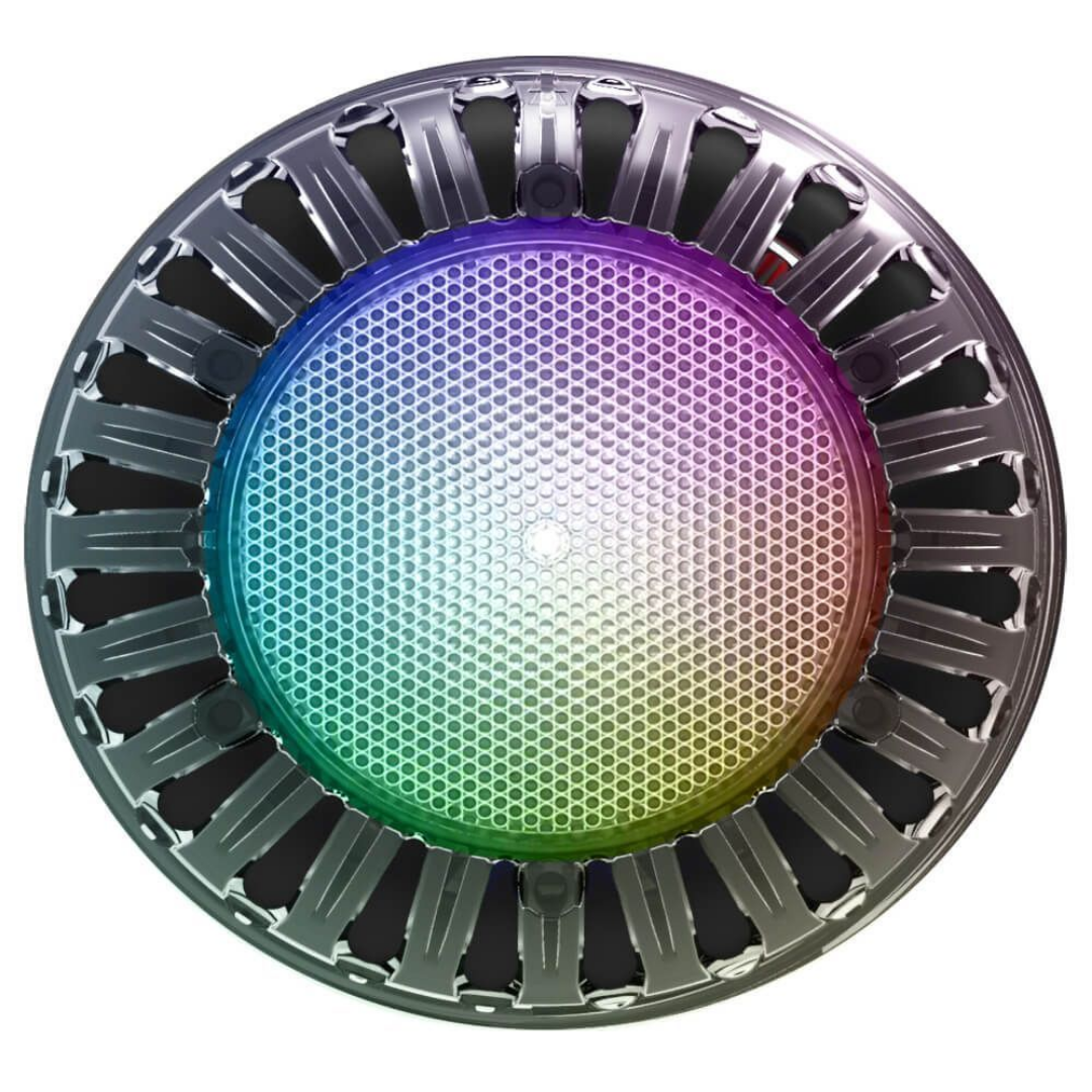 Direct front view of a Spa Electrics EMF Multi Plus LED pool light head featuring a dark outer rim and a textured honeycomb lens face with multi-color illumination isolated on white.