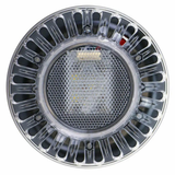 Direct front view of an unlit Spa Electrics EMF Multi Plus LED pool light head, showing the internal LED array through a clear textured honeycomb lens surrounded by a dark grey fluted trim ring.