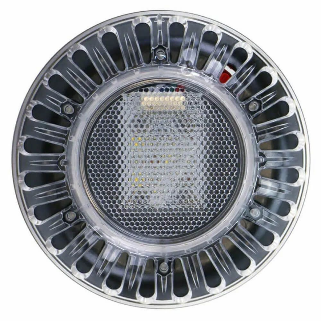 Direct front view of an unlit Spa Electrics EMF Multi Plus LED pool light head, showing the internal LED array through a clear textured honeycomb lens surrounded by a dark grey fluted trim ring.