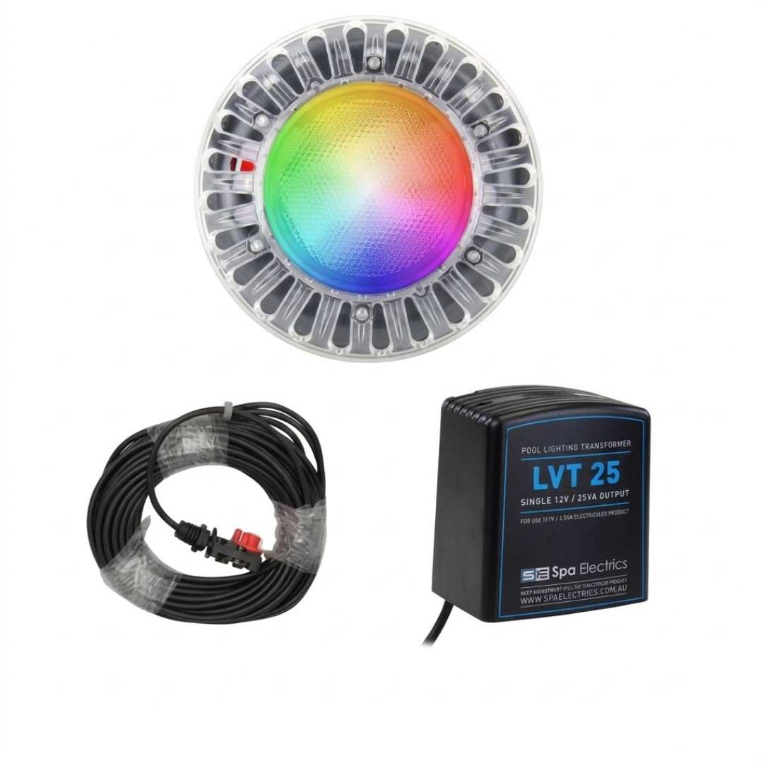 Complete kit view of a single Spa Electrics EMF Multi Plus LED pool light featuring rainbow illumination, a coiled black connection cable, and a black Spa Electrics LVT 25 single 12V 25VA transformer isolated on white.