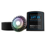 Three-quarter angled studio product shot displaying a single illuminated Spa Electrics EMF Multi Plus LED pool light showing multi-color illumination alongside a black Spa Electrics LVT 25 single 12V 25VA transformer.