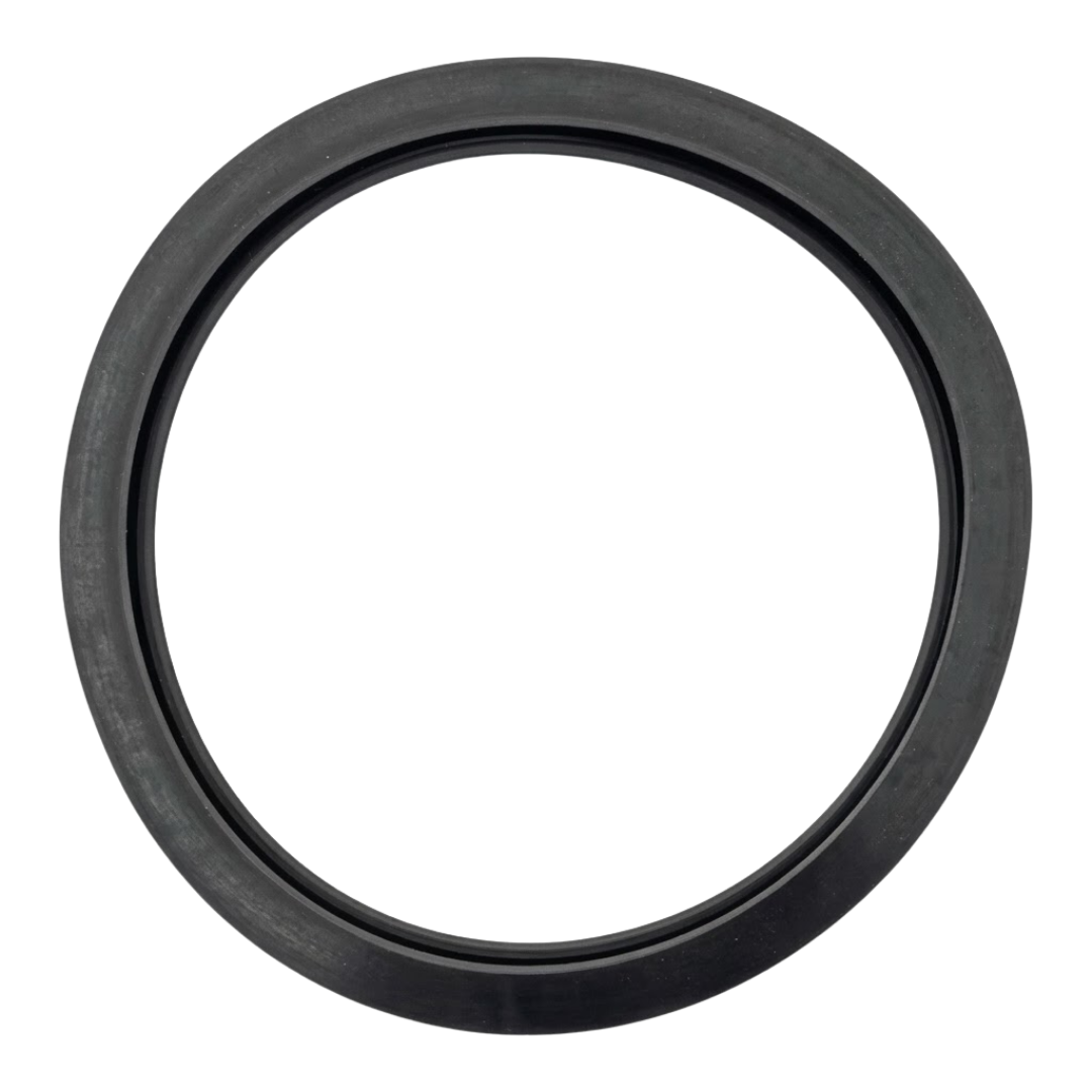 Direct overhead top-down view of a circular black rubber Spa Electrics WN203 sealing gasket isolated on a plain white background.