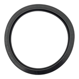 Direct overhead top-down view of a circular black rubber Spa Electrics WN203 sealing gasket isolated on a plain white background.
