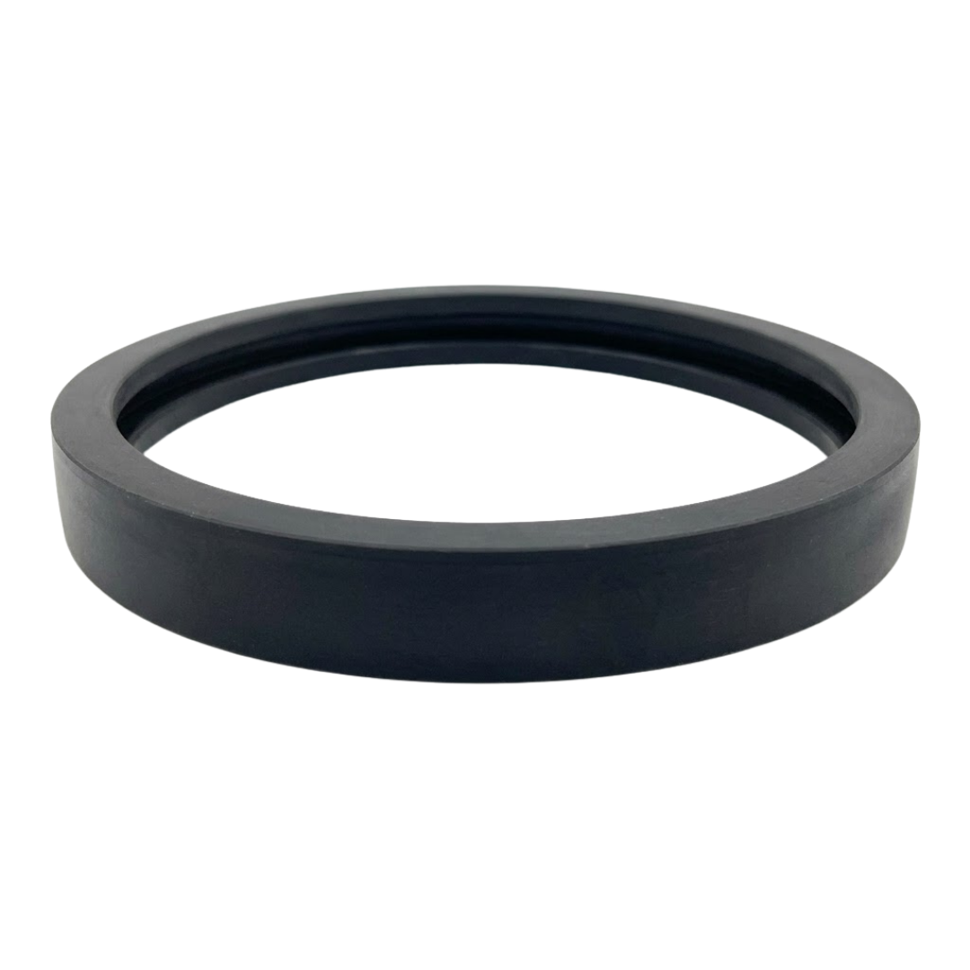Low-angle side profile view of a black rubber Spa Electrics WN203 seal gasket resting flat on a plain background, showing the outer ring thickness.