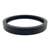 Low-angle side profile view of a black rubber Spa Electrics WN203 seal gasket resting flat on a plain background, showing the outer ring thickness.