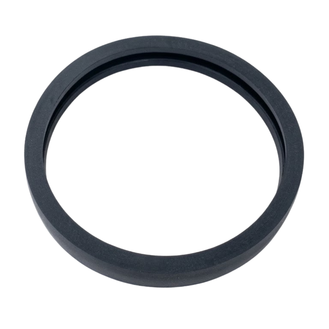 Slightly angled top-down view of a circular black rubber Spa Electrics WN203 replacement gasket, showing the flat outer rim and inner groove.