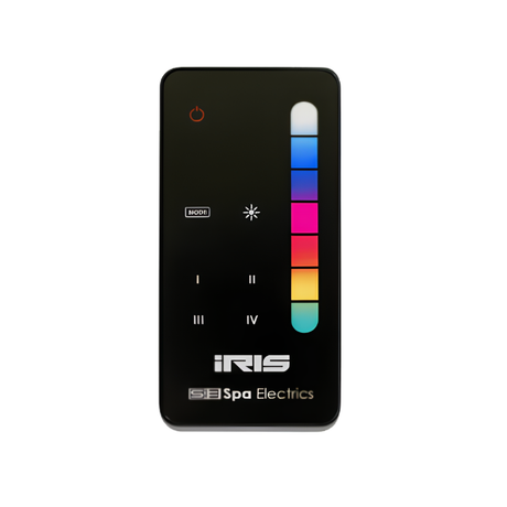 Front view of a black Spa Electrics iRIS handheld remote control transmitter featuring button indicators and a multicolored LED color-selection strip for pool lighting.