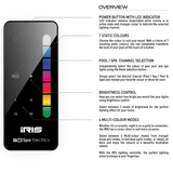 infographic overview diagram of the Spa Electrics iRIS pool lighting remote control detailing the power button, 7 static colors, channel selection, brightness control, and 4 multi-colour modes.