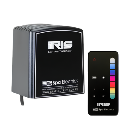 Spa Electrics iRIS RM-3 remote lighting controller box system next to its handheld multi-color LED pool light remote control on a white background.