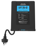 Front view of a black Spa Electrics LVT 25-12 single 12V 25VA pool lighting transformer showing blue specification label and attached power cord with plug isolated on white.