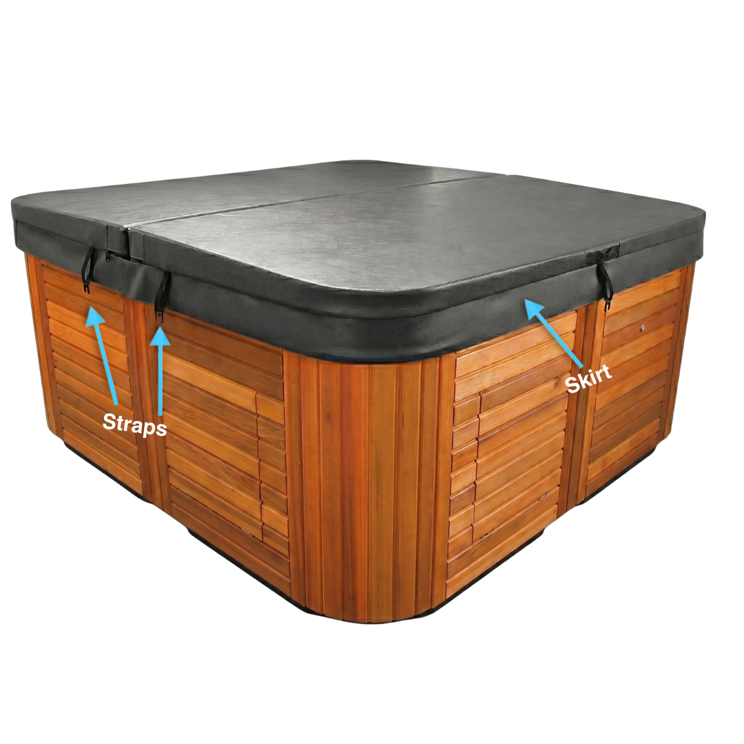 Diagram of a square spa hard cover on a cedar wood hot tub, with blue arrows highlighting and labeling the Straps and Skirt features.