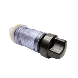 An angled side view of a hot tub spillway on and off water valve assembly featuring a dark grey graphite control knob on a clear plastic threaded body