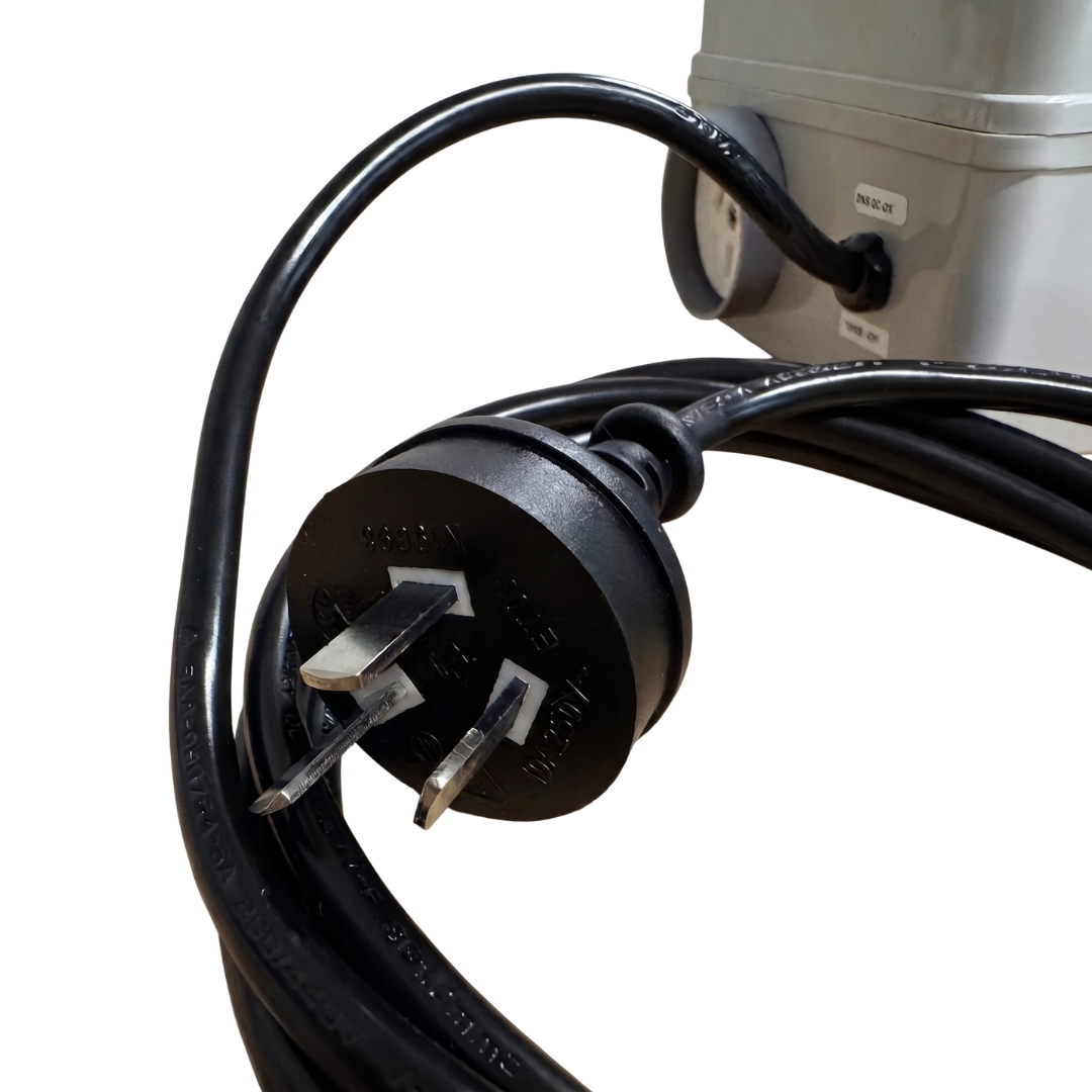 Close-up of a standard black Australian 10A 250V 3-pin mains power plug and cord next to a Space Age Electronics AS01 single outlet air switch box.
