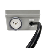 Bottom view of Space Age Electronics AS01 standard single outlet air switch housing featuring one 10A weather-resistant GPO socket and black power cord.