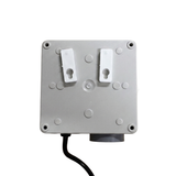 Rear view of Space Age Electronics AS01 standard single outlet 10A pool air switch box showing wall mounting brackets and backplate.