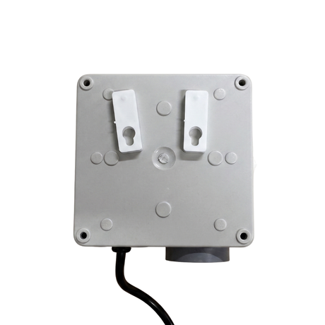 Rear view of Space Age Electronics AS01 standard single outlet 10A pool air switch box showing wall mounting brackets and backplate.