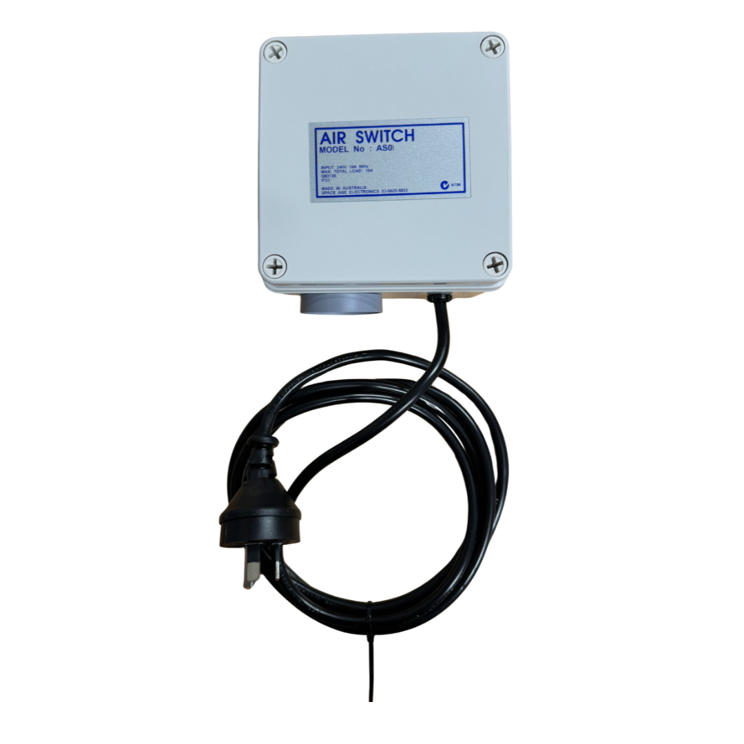 Front product view of the Space Age Electronics AS01 standard single outlet 10A pool air switch controller with a coiled black power cord and standard 3-pin plug.