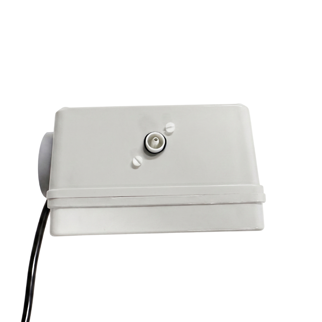 Side profile view of a Space Age Electronics AS01 single outlet 10A pool air switch controller showing the pneumatic air tube nozzle.