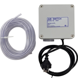 Space Age Electronics AS01 standard single outlet 10A pool air switch kit, featuring the square controller box, black power cord, and a bundled coil of clear vinyl air tubing.