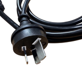 Extreme close-up of a black Australian 15A heavy duty 3-pin mains plug with an oversized earth pin for a Space Age Electronics AS01-H air switch.