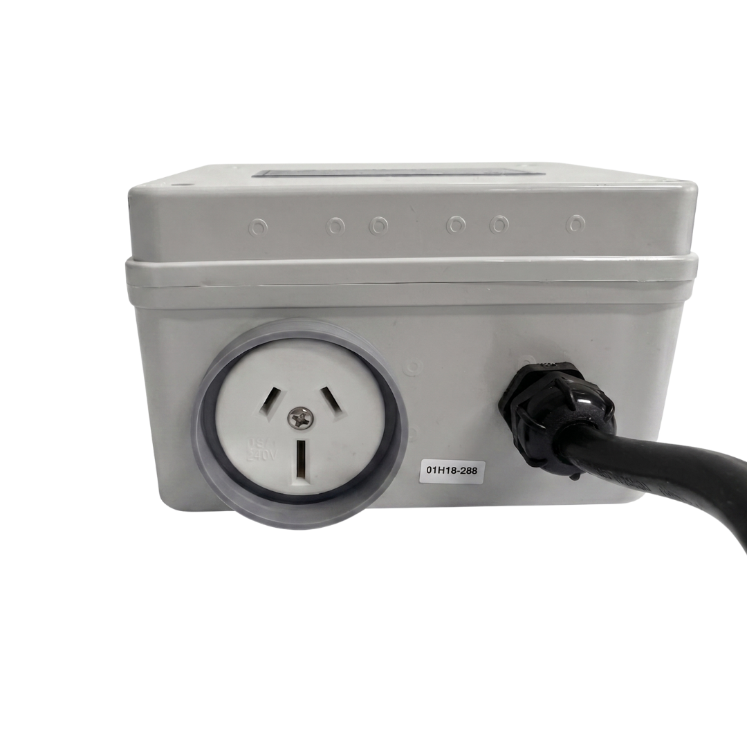Bottom view of Space Age Electronics AS01-H single outlet heavy duty air switch housing featuring one 15A weather-resistant GPO socket and heavy-duty black power cord.