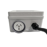 Bottom view of Space Age Electronics AS01-H single outlet heavy duty air switch housing featuring one 15A weather-resistant GPO socket and heavy-duty black power cord.