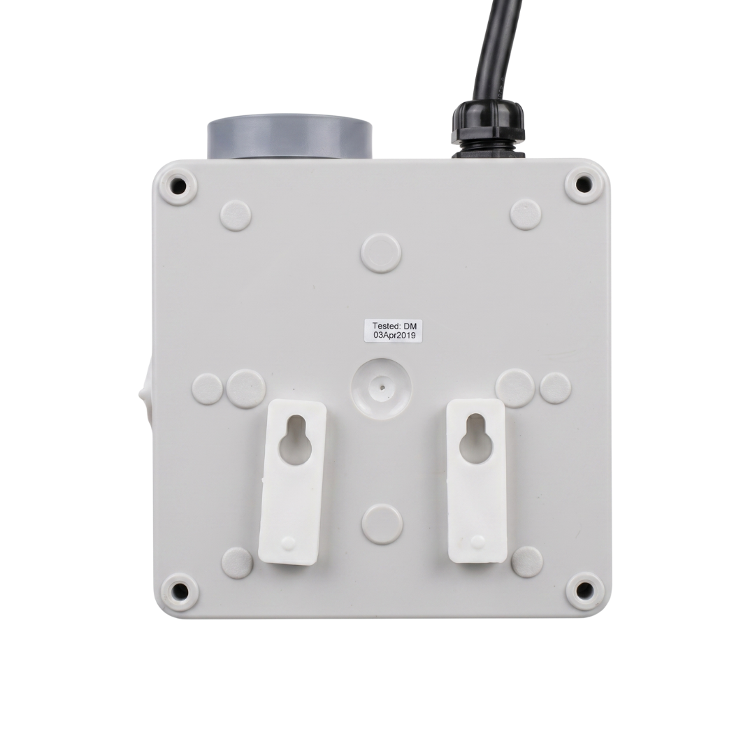 Rear view of Space Age Electronics AS01-H single outlet heavy duty 15A pool air switch box showing wall mounting brackets and enclosure backplate.