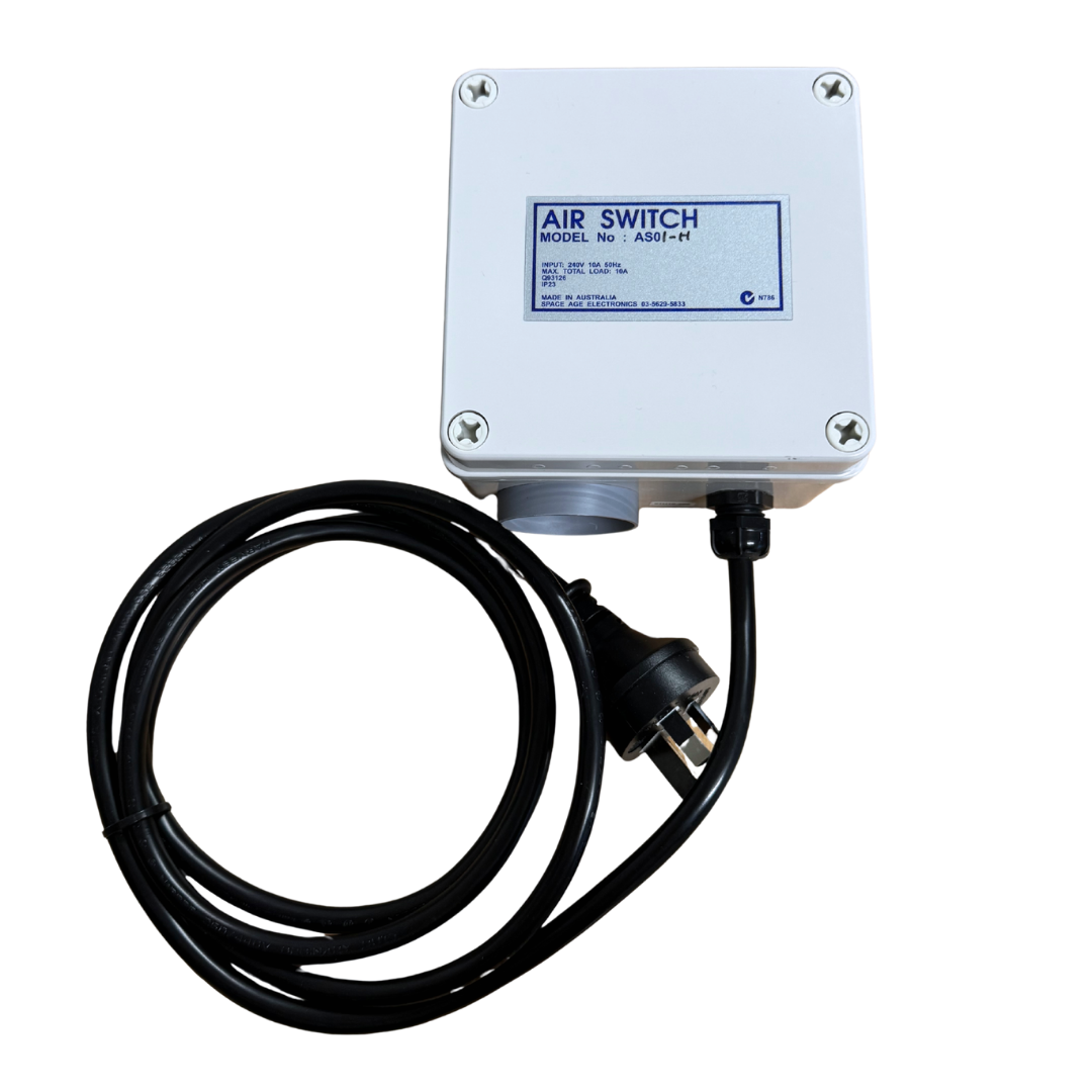 Front product view of the Space Age Electronics AS01-H single outlet heavy duty 15A pool air switch controller with a coiled black power cord and heavy-duty 3-pin plug.
