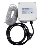 Space Age Electronics AS01-H single outlet heavy duty 15A pool air switch kit, including the square control box, black power cord, and a bundled roll of clear vinyl air tubing.