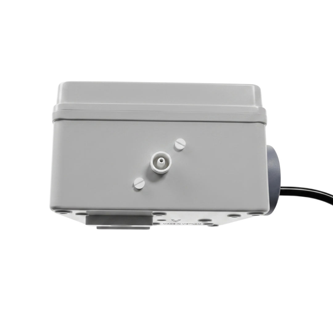 Side view of the Space Age Electronics AS01-H single outlet 15A air switch box showing the single plastic pneumatic hose nozzle connection.